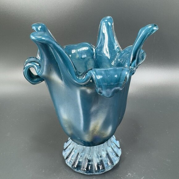 1980s Art Glass Abstract Vase Bowl Centerpiece Teal Blue Iridescent Finish Glass - Picture 11 of 15